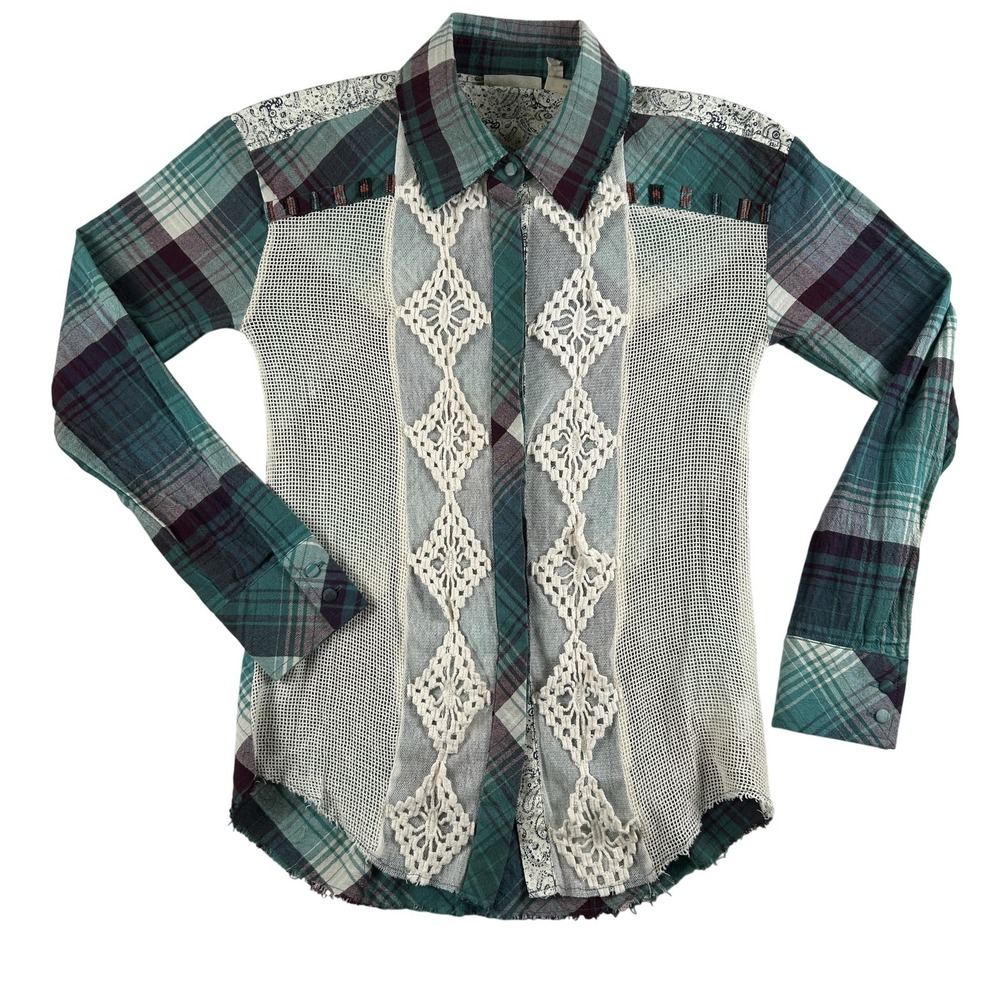 Gimmicks by BKE Shirt Womens Small Green Plaid‎ Lace Mesh Patchwork Boho Beaded